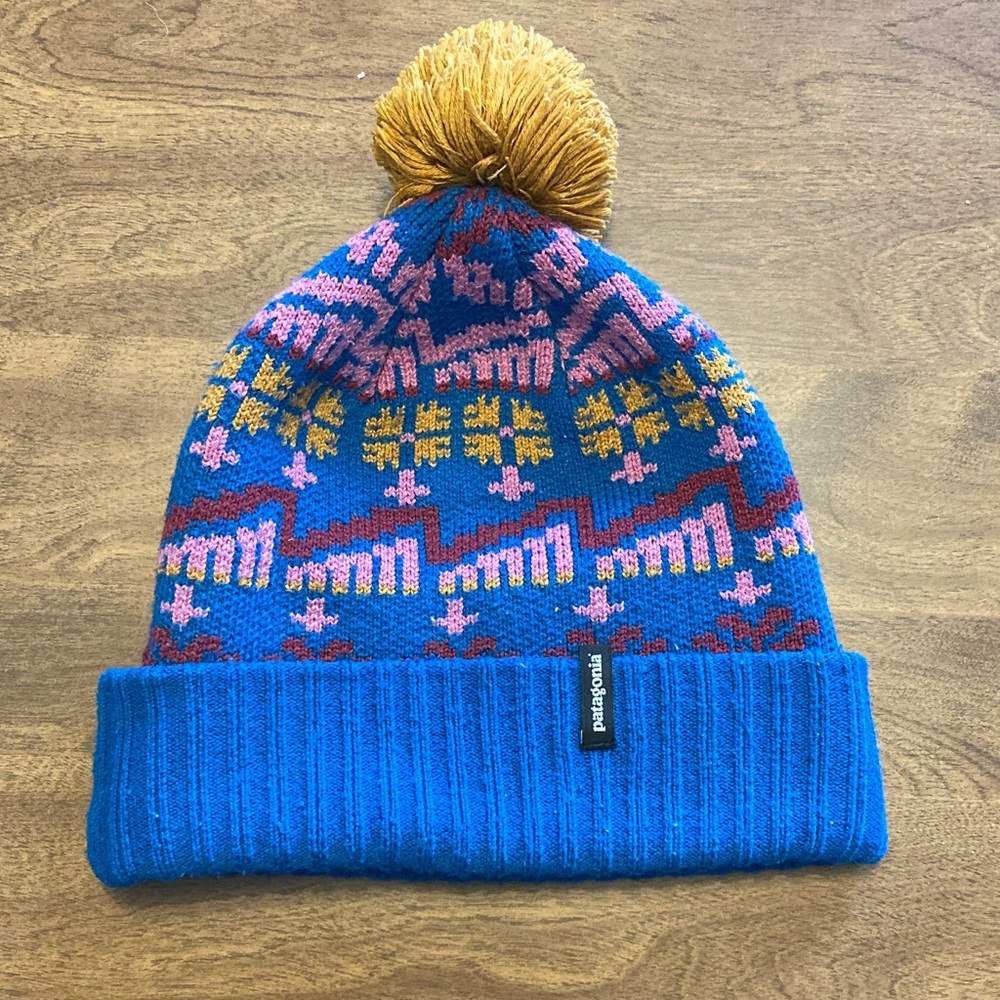 Patagonia Blue and Yellow Kids Pom-Pom Hat